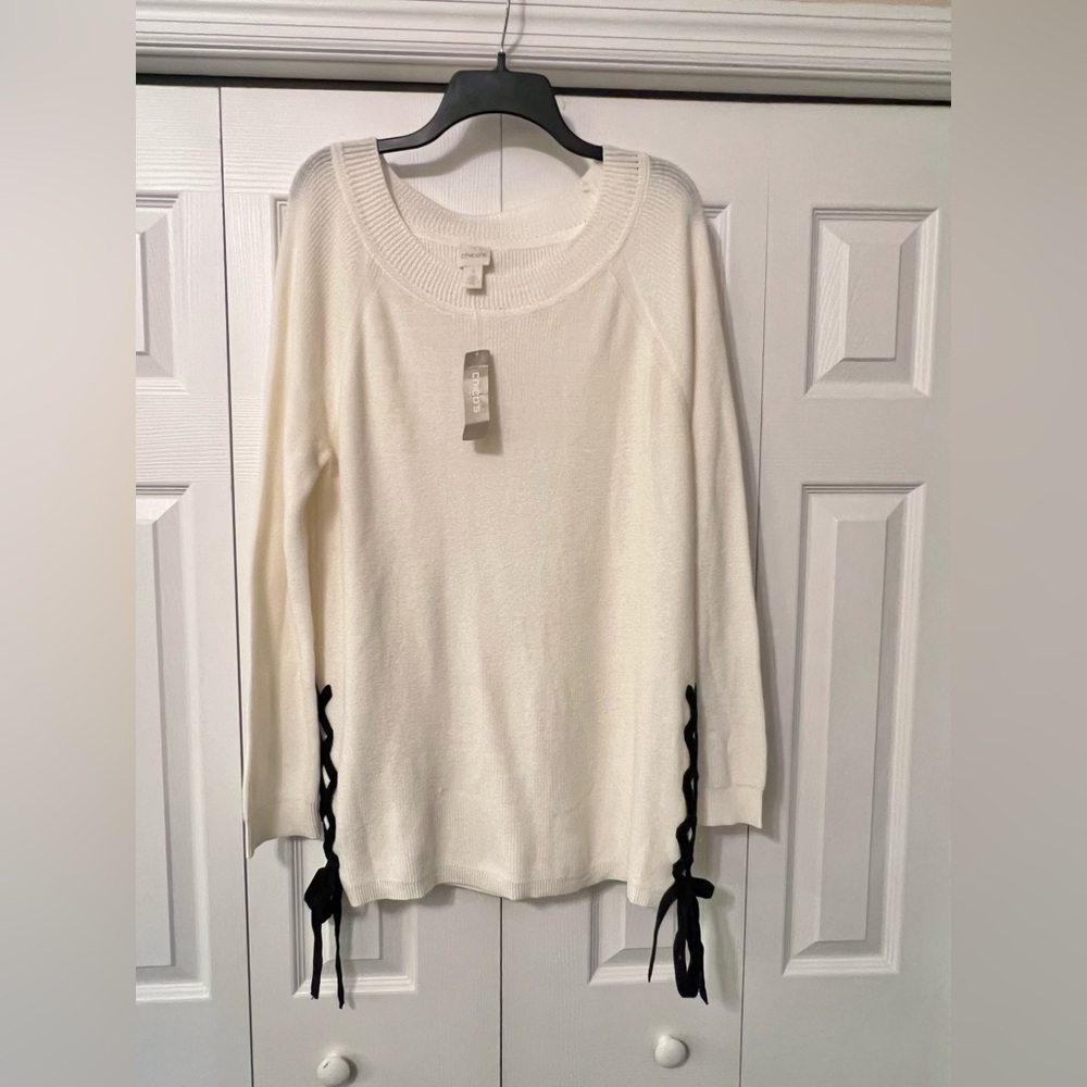Chico’s Off White Sweater with Black Side Ties in Ecru Size 3 Size XL or 16 NWT